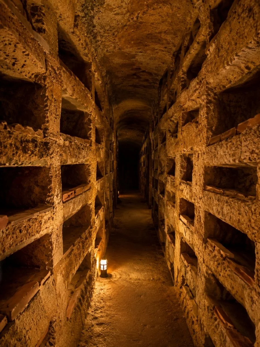 A gallery of a Roman catacomb cut into golden tufa, lined with empty burial niches and lit by a warm lamp